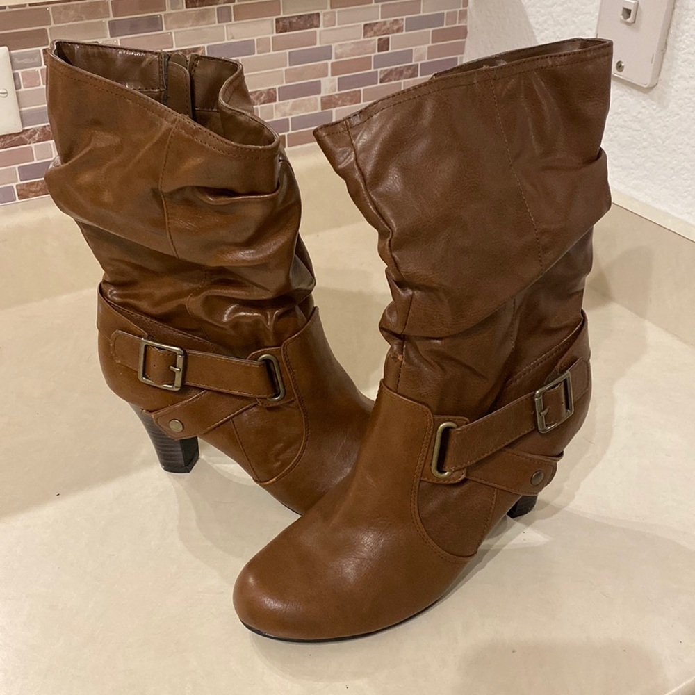 Mid calf light brown suede boots